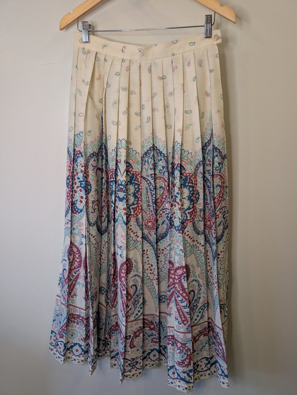 Vintage 80s Sears Pleated Paisley Maxi Skirt Border Print Cream Boho Size 14 - Picture 1 of 8